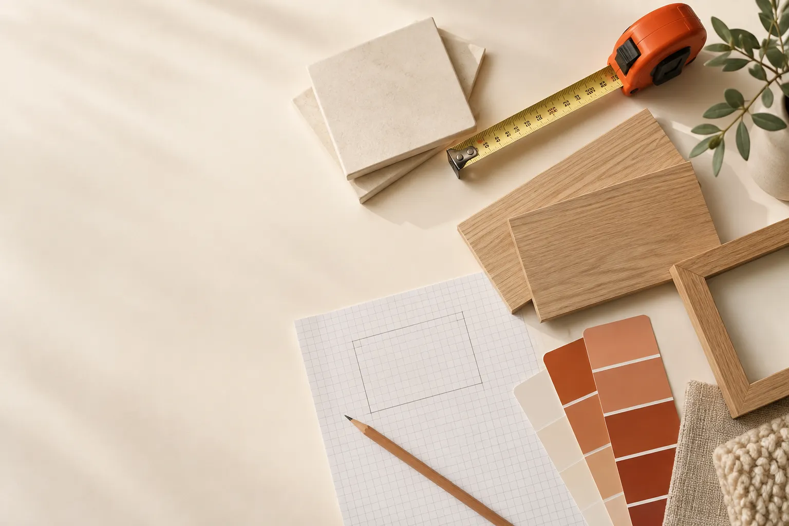 Material samples and measuring tools on a warm cream worktable